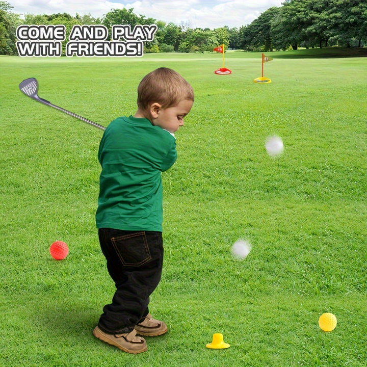 Junior golf training set with adjustable clubs, balls, and holes, perfect for developing sports skills indoors or out.