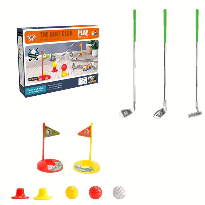 Brightly colored children's golf set with adjustable clubs and easy-to-use pieces for early golf training.