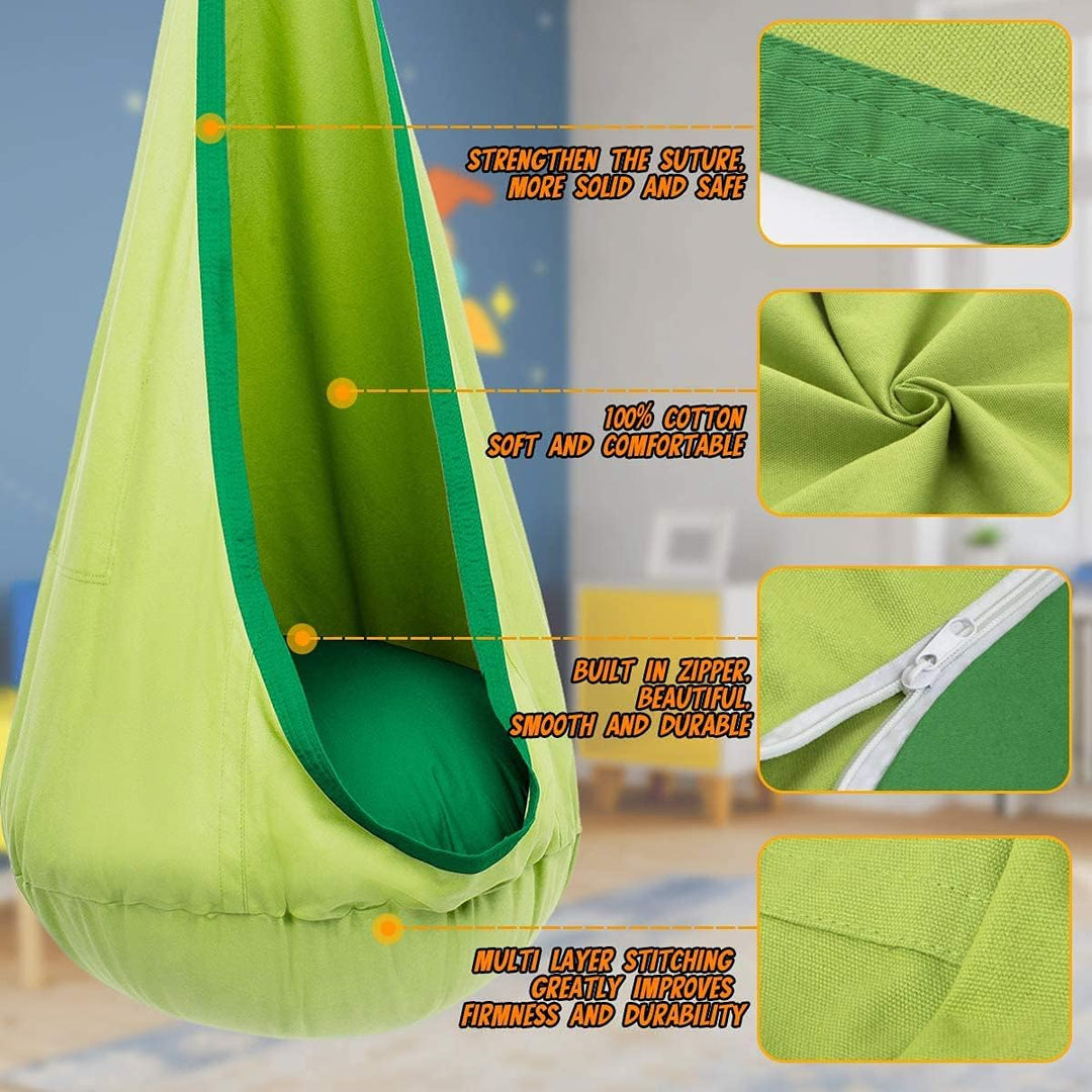 Playful indoor comfort swing, a vibrant hanging chair for kids' enjoyment.