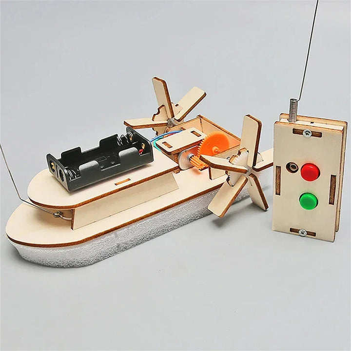 Children's educational wooden DIY electric toy boat kit for STEM learning & fun building.