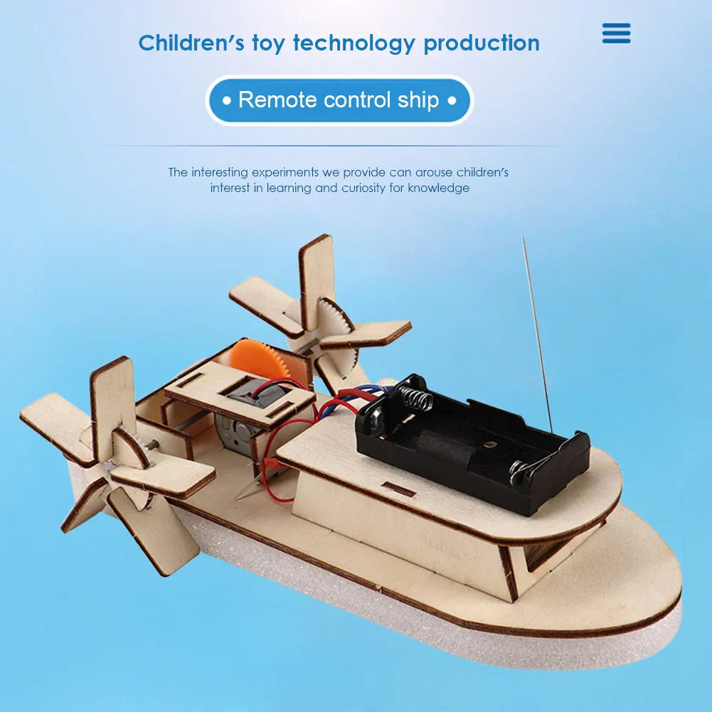Unassembled wooden DIY electric toy boat kit, promoting STEM education for children.