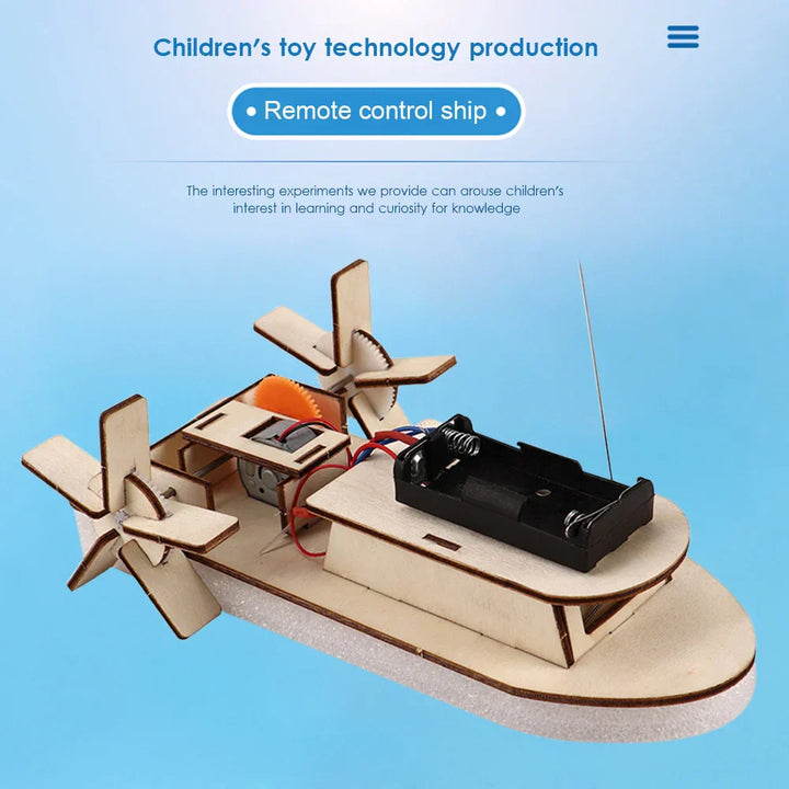 Unassembled wooden DIY electric toy boat kit, promoting STEM education for children.