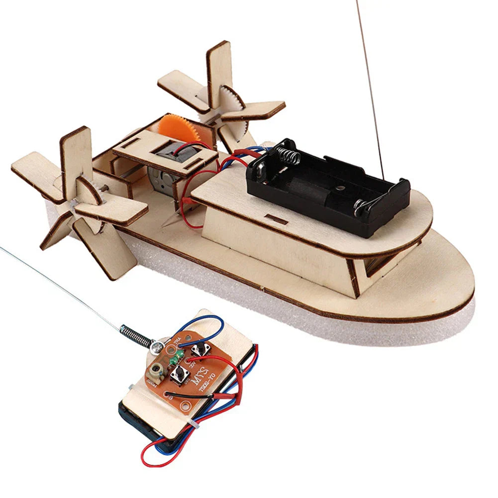 Propeller and motor details of a wooden electric toy boat from a STEM building kit.