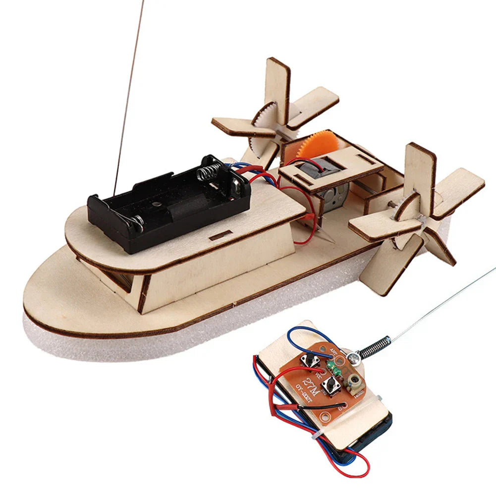 Hands-on learning with a wooden electric propeller boat building kit for children.