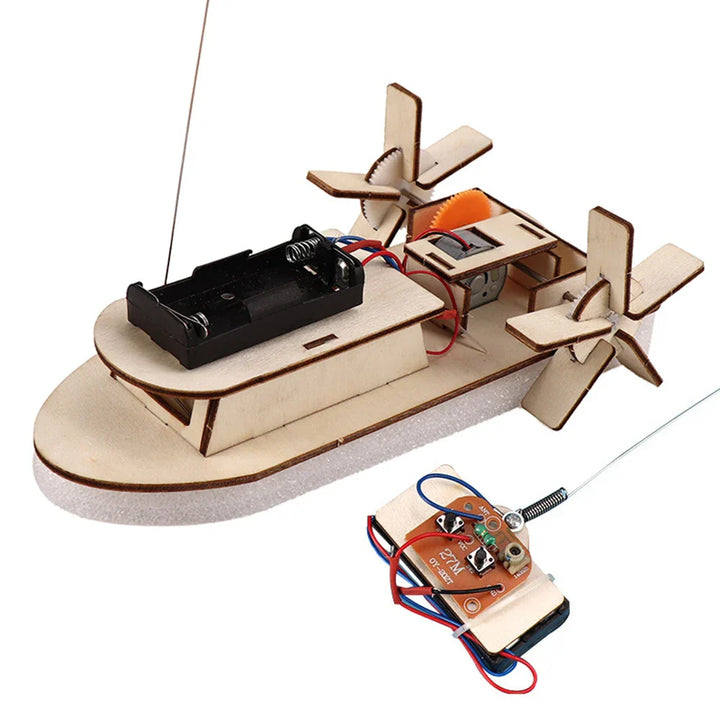 Hands-on learning with a wooden electric propeller boat building kit for children.