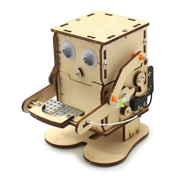 A fully assembled wooden electric toy boat, showcasing a child's successful DIY project.