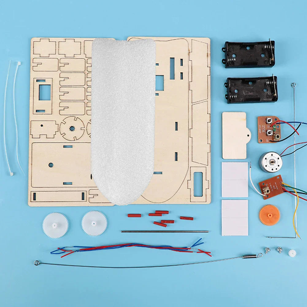 Kids' craft: build your own wooden electric boat. A fun and educational STEM building kit.