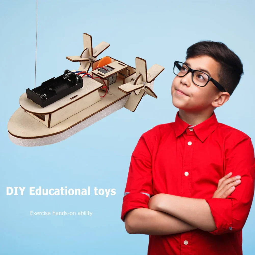 Wooden electric toy boat DIY kit, perfect for children's educational science projects.