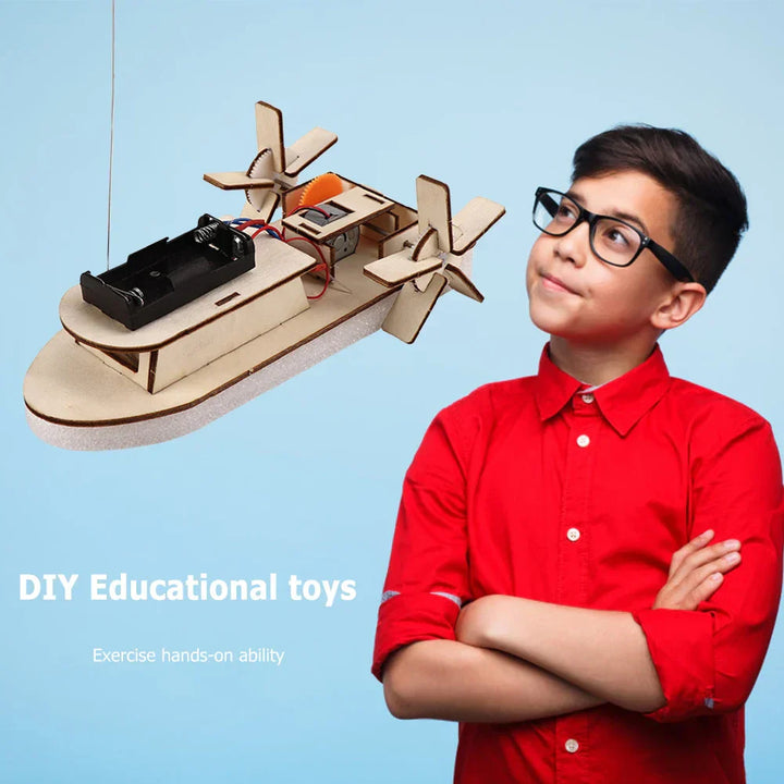 Wooden electric toy boat DIY kit, perfect for children's educational science projects.