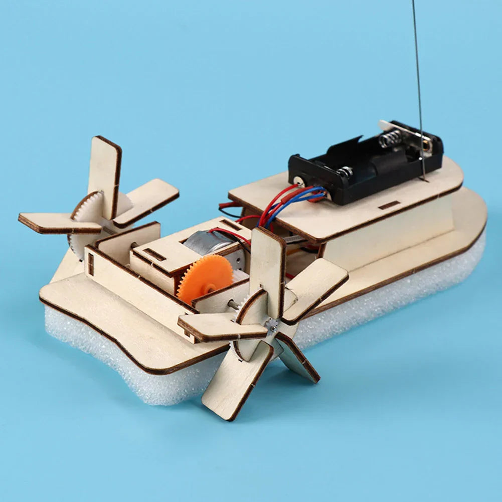 Educational wooden toy boat kit, allowing kids to build and learn about electric motors.
