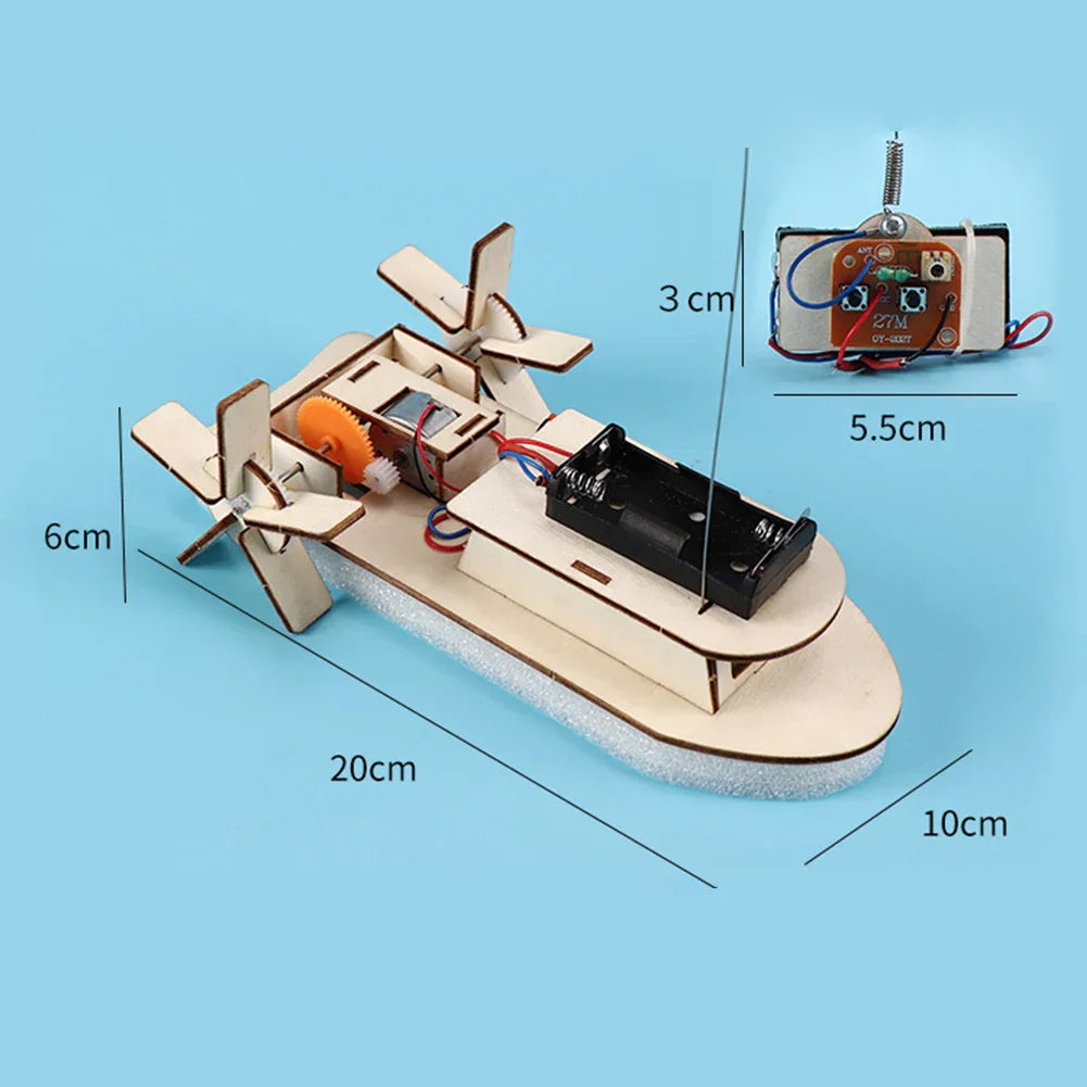 STEM learning building kit: children assemble a wooden electric propeller toy boat.