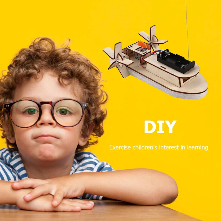 Children's gift: a wooden DIY electric toy boat kit for engaging educational play.