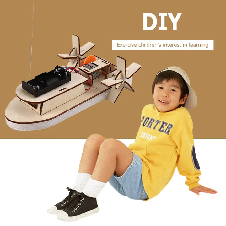 Educational craft kit: kids building a wooden electric propeller boat. Great for STEM.