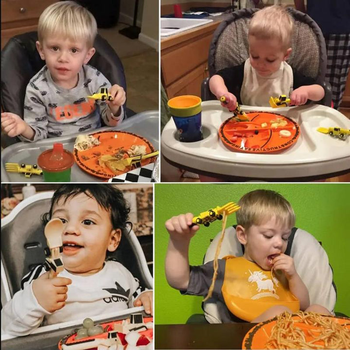 Toddler construction eating set, dishwasher safe, makes mealtime fun & engaging.