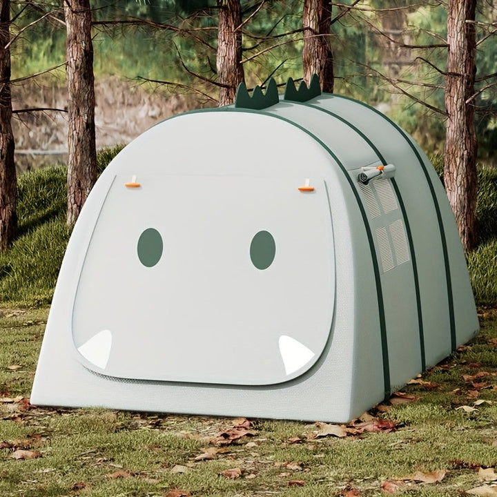 Children's green dinosaur play tent with large opening for easy access