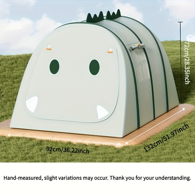Close-up of a child's hand reaching into a vibrant dinosaur play tent