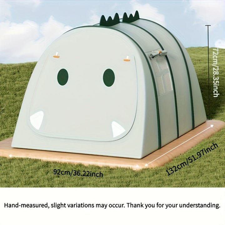 Close-up of a child's hand reaching into a vibrant dinosaur play tent