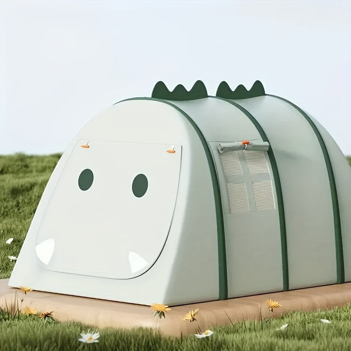 Young child enjoying imaginative play inside a fun dinosaur-shaped tent