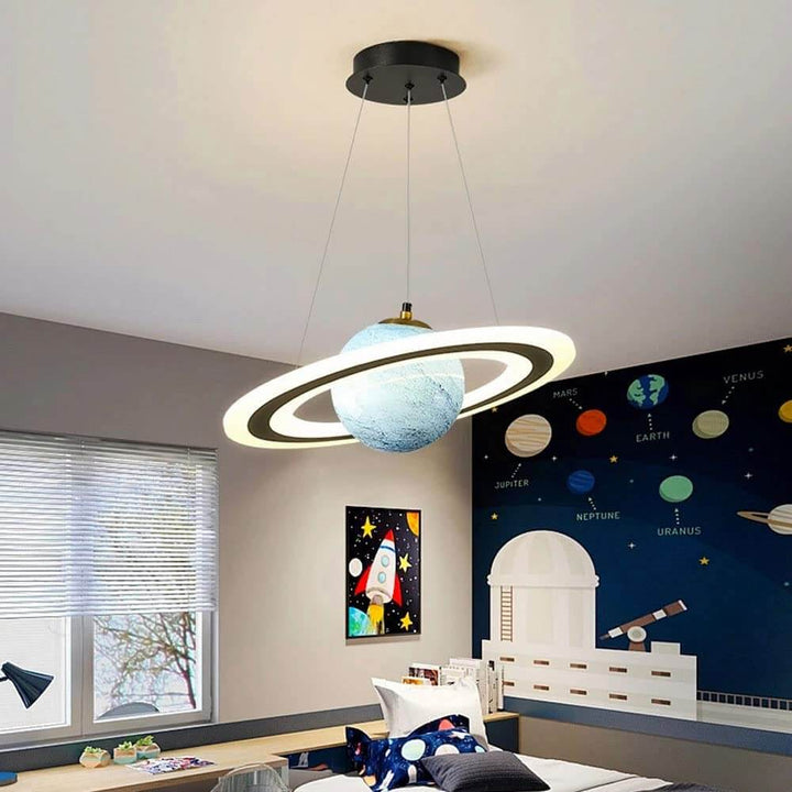 Stylish planet-shaped LED light fixture, enhancing a kid's room with space adventure.