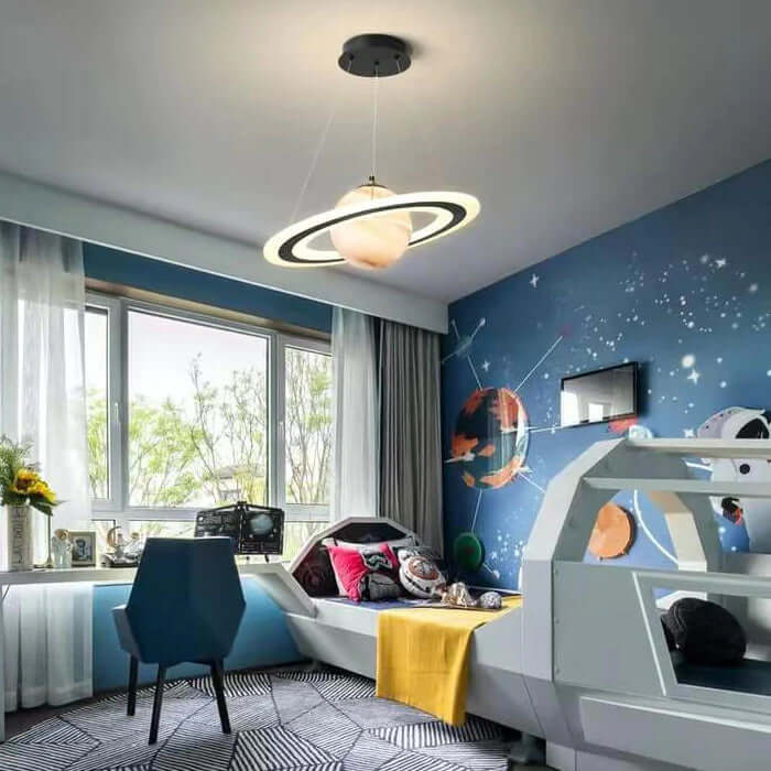 Energy-efficient LED planet lamp, creating a celestial atmosphere for children.