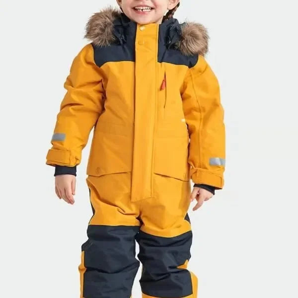 Children's waterproof ski overall with adjustable hood, perfect for winter sports and snow play. Insulated kids snowsuit.