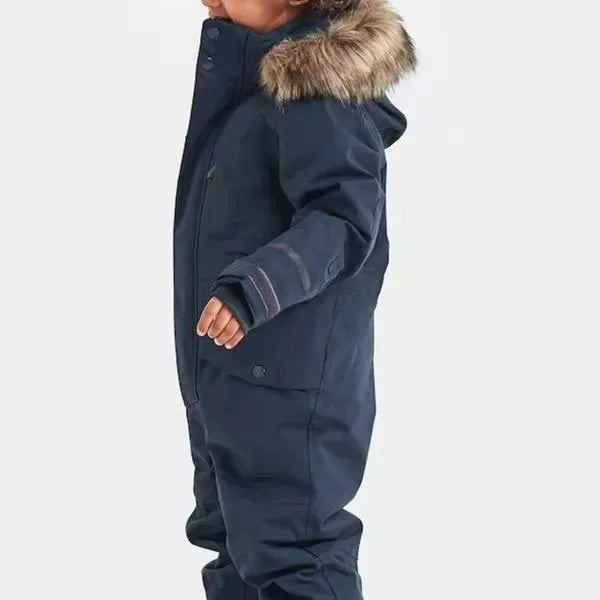 All-in-one kids waterproof ski overall, essential winter gear for snow play & cold weather. Features adjustable hood.