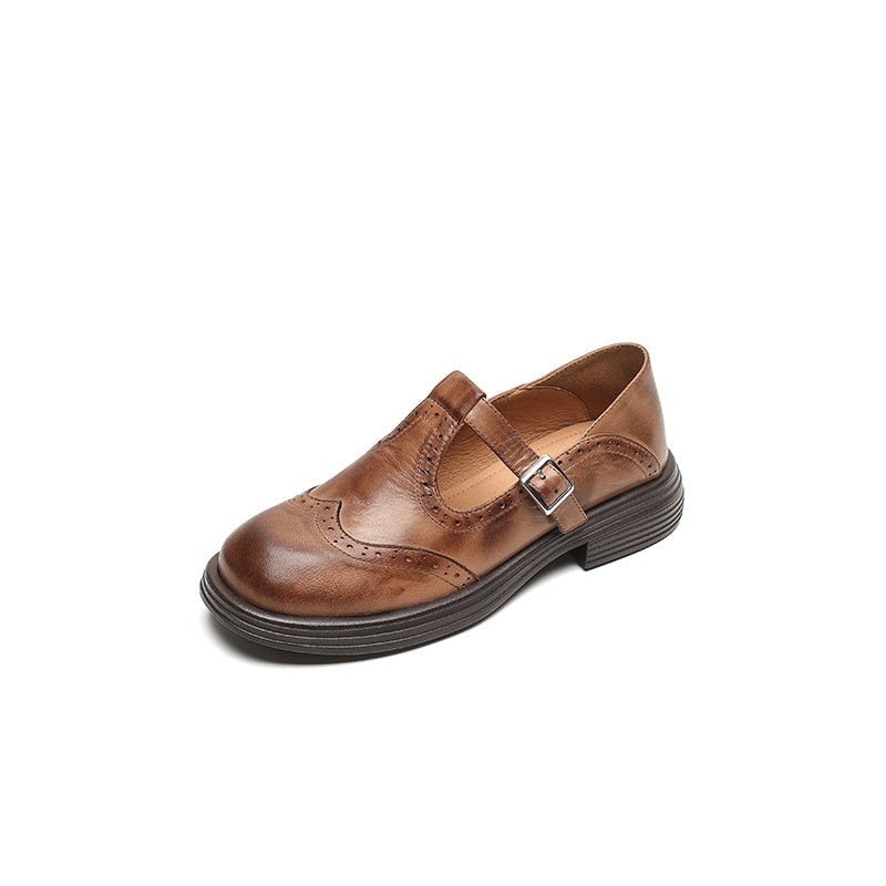 Comfortable brown leather women's flats, classic Mary Jane style, slip-resistant sole.