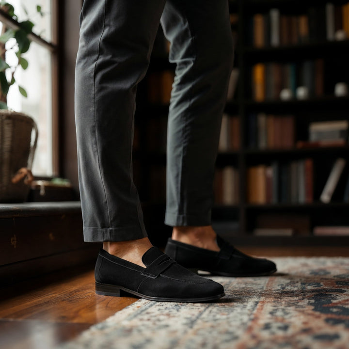Close-up of men's sleek black leather loafers, showcasing detailed stitching & quality craftsmanship.