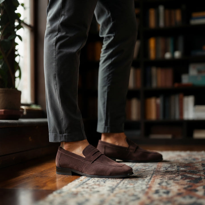 Pair of men's formal loafers in dark brown, perfect slip-on shoes for business, office & special occasions.