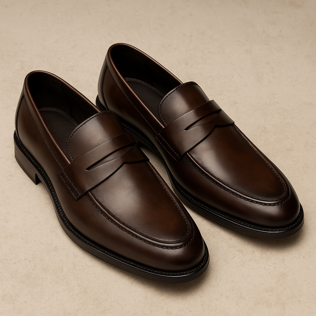 Brown leather men's penny loafers with a timeless slip-on design. Versatile dress shoes for smart, casual, or formal occasions.