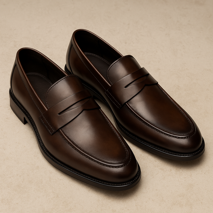 Brown leather men's penny loafers with a timeless slip-on design. Versatile dress shoes for smart, casual, or formal occasions.