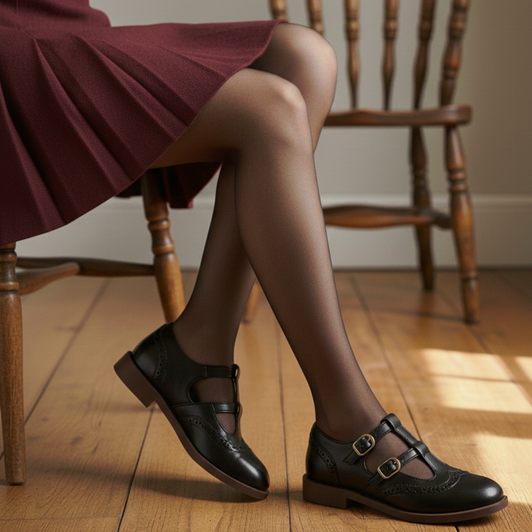 Stylish women's Mary Jane flats featuring a comfortable low heel and adjustable buckle for all-day wear.