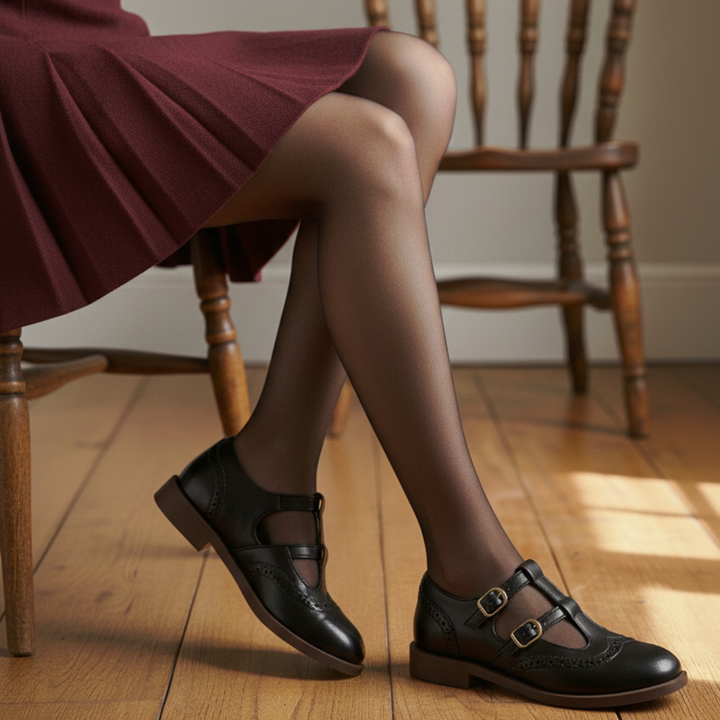 Stylish women's Mary Jane flats featuring a comfortable low heel and adjustable buckle for all-day wear.
