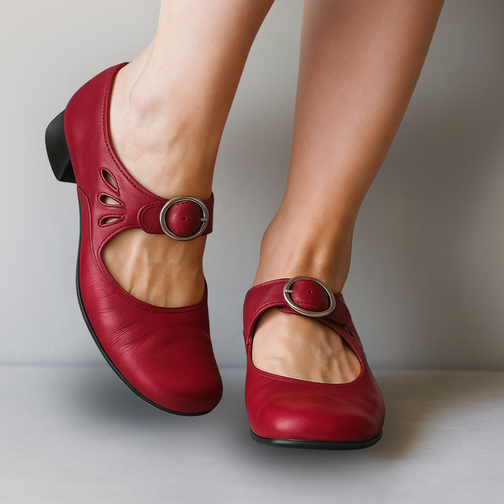 Women's round toe Mary Jane shoes, featuring a sleek buckle strap and supportive block heel for all-day comfort.