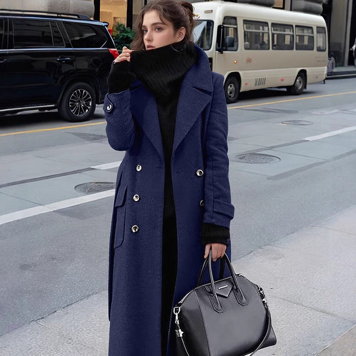 Classic double-breasted wool-blend winter coat for women, perfect for elegant office wear & cold weather.