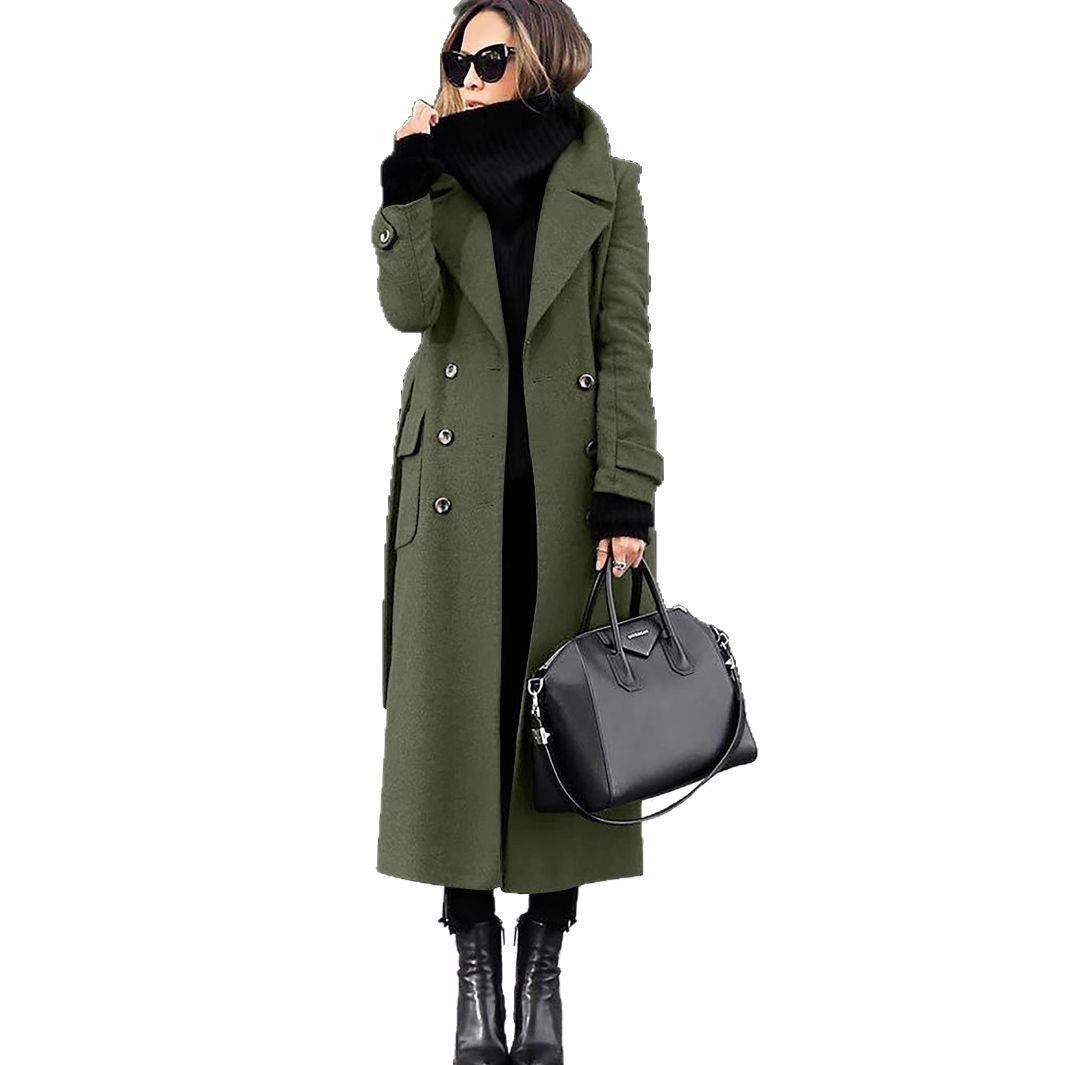 Classic women's long double-breasted coat for winter, designed for elegant fashion and comfortable cold-weather style.