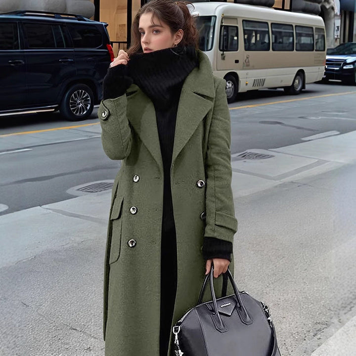 Stylish women's double-breasted winter coat with a sophisticated cut, perfect for layering in chilly weather.