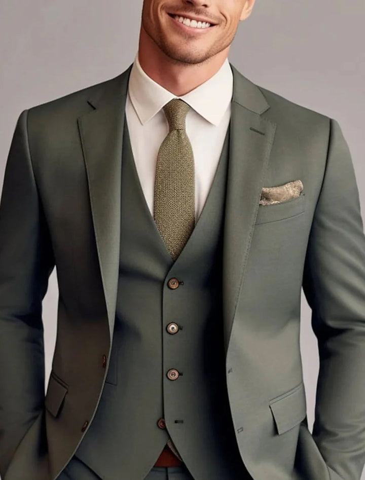Elegant men's 3-piece solid suit, ideal wedding attire for groom or guest. Classic formal wear.