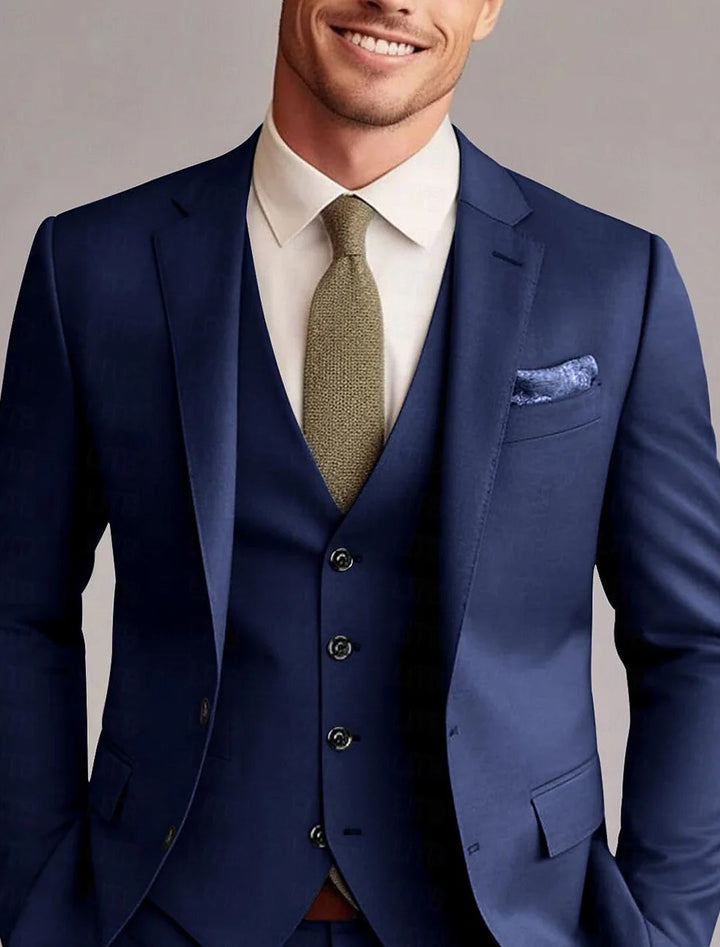 Premium men's classic 3-piece solid tailored suit. Elegant formal wear for business & special events.