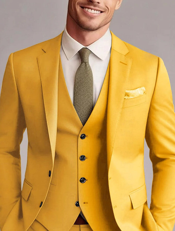 Full view of a classic men's 3-piece solid tailored suit, ideal for formal wear, weddings & business.