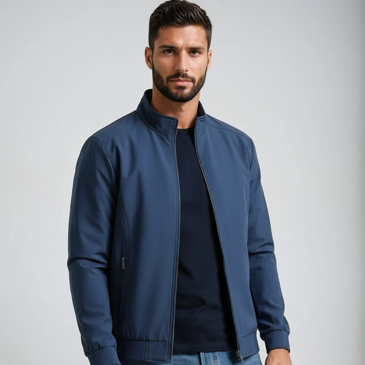 Classic men's black zip-front bomber jacket with stand collar. Perfect casual outerwear for versatile men's fashion.