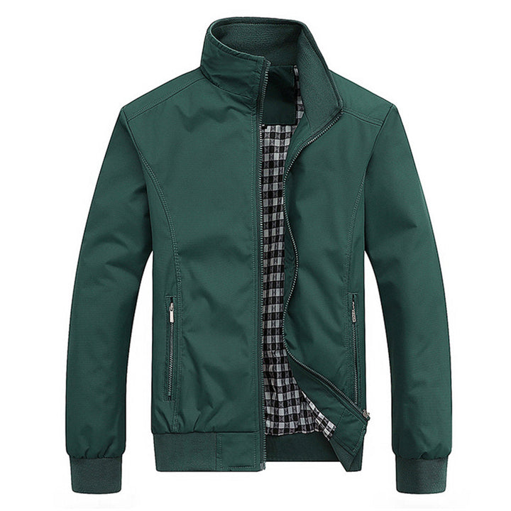 Stylish men's green bomber jacket, zip-front design. Ideal casual outerwear for everyday men's fashion.