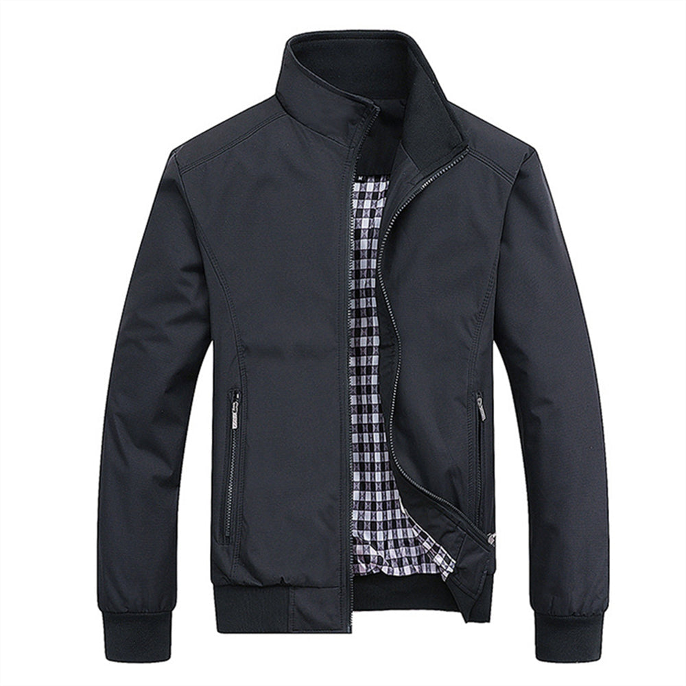 Versatile men's blue zip-front bomber jacket. Classic style, great casual outerwear for all men's fashion.