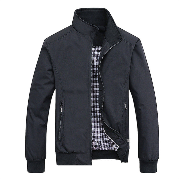 Versatile men's blue zip-front bomber jacket. Classic style, great casual outerwear for all men's fashion.