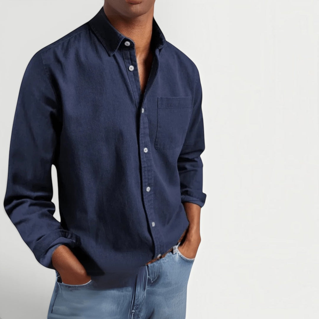 Classic men's navy blue oxford shirt, comfortable and breathable for any formal or casual event.