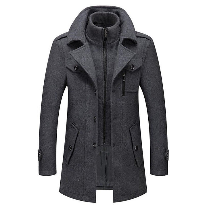 Classic men's double-breasted pea coat in charcoal gray, perfect for timeless winter style and cold weather protection.