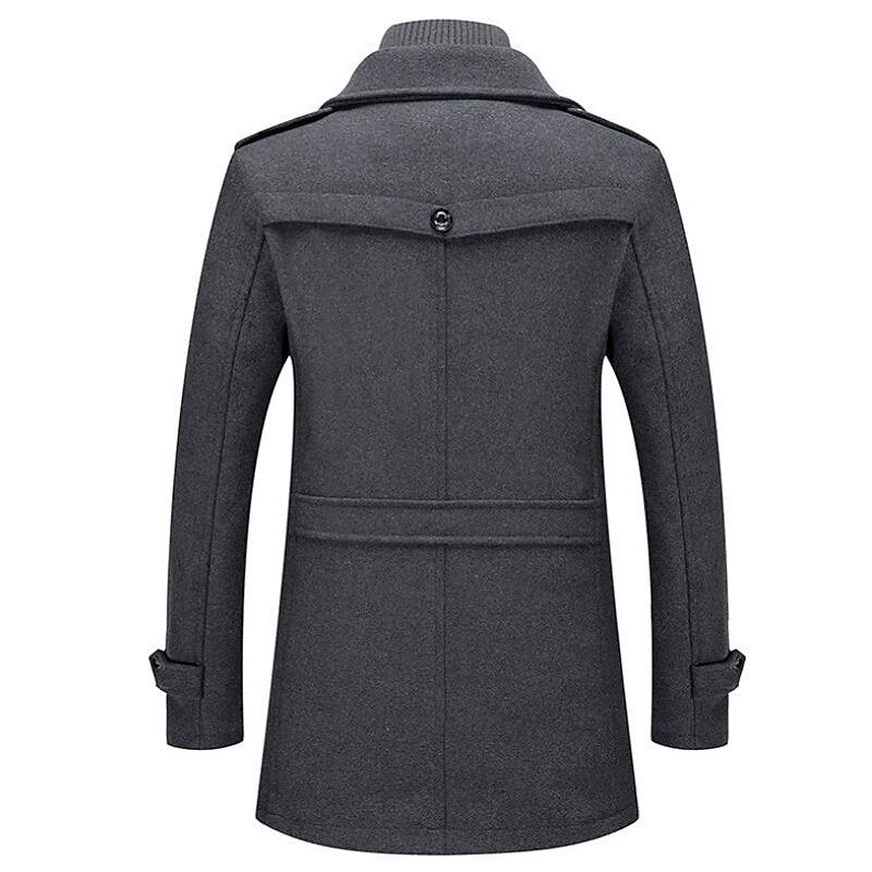 Stylish men's pea coat with notched lapel and button front, a versatile double-breasted overcoat for formal or casual wear.