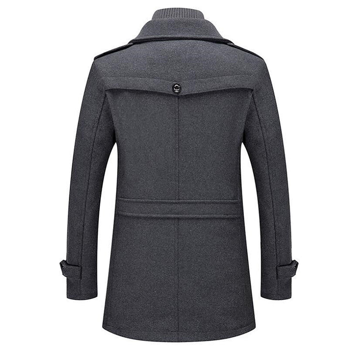 Stylish men's pea coat with notched lapel and button front, a versatile double-breasted overcoat for formal or casual wear.
