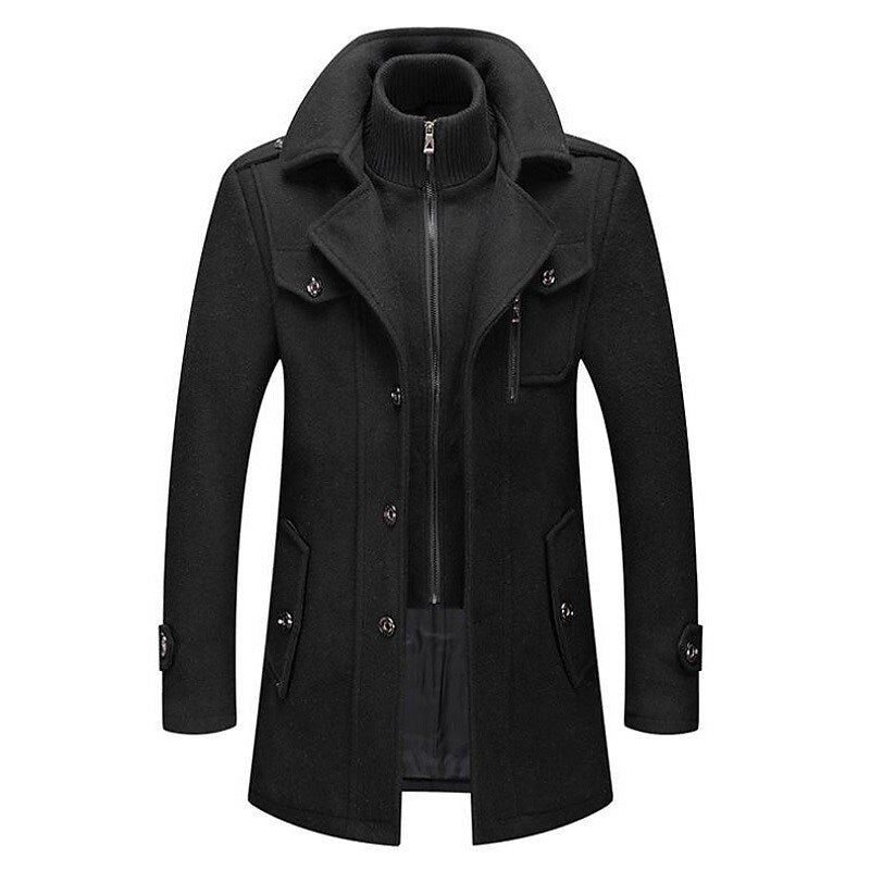 Warm men's classic double-breasted winter pea coat, ideal outerwear for cold weather and sophisticated layering.