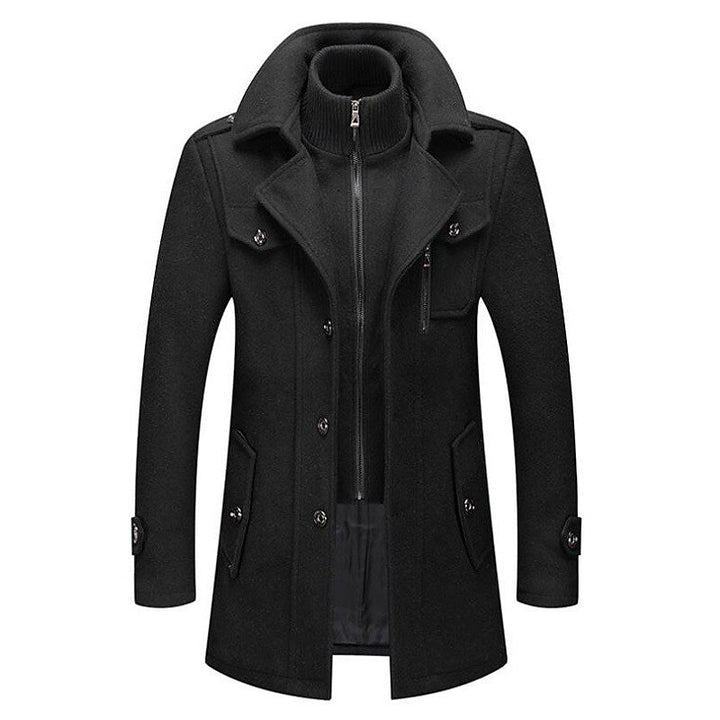 Warm men's classic double-breasted winter pea coat, ideal outerwear for cold weather and sophisticated layering.